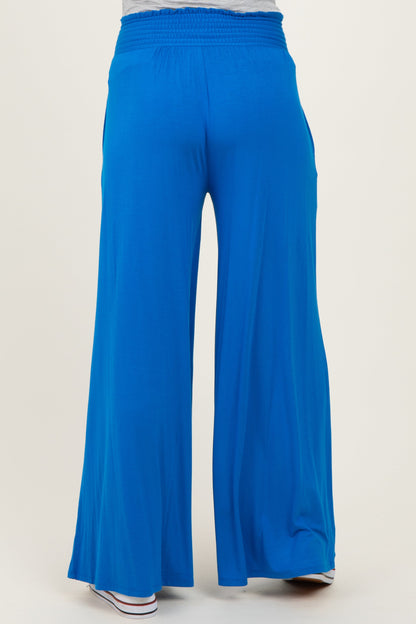 Blue Smocked Waist Wide Leg Maternity Pants