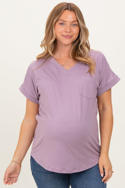 Lavender V-Neck Pocket Short Sleeve Maternity Shirt