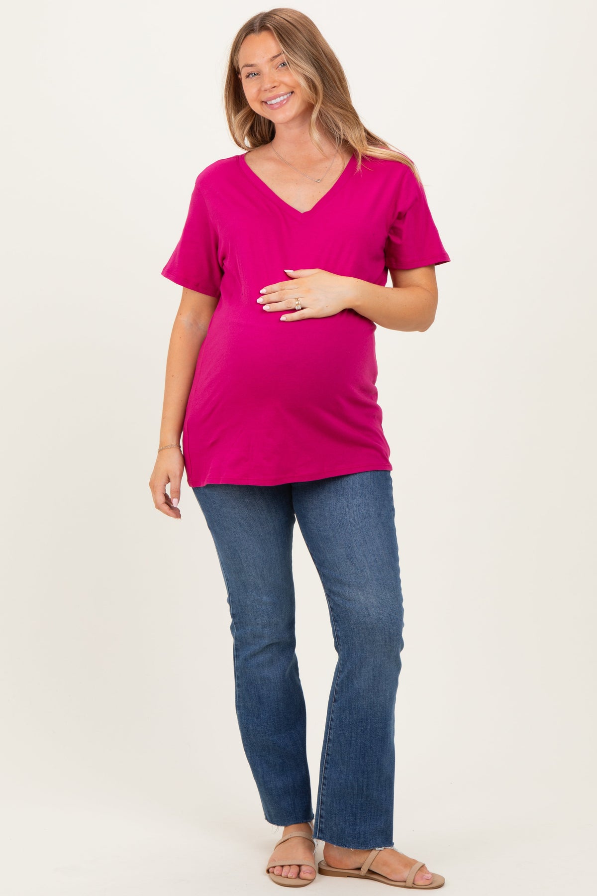 Magenta Oversized V-Neck Short Sleeve Maternity Tee