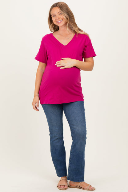 Magenta Oversized V-Neck Short Sleeve Maternity Tee