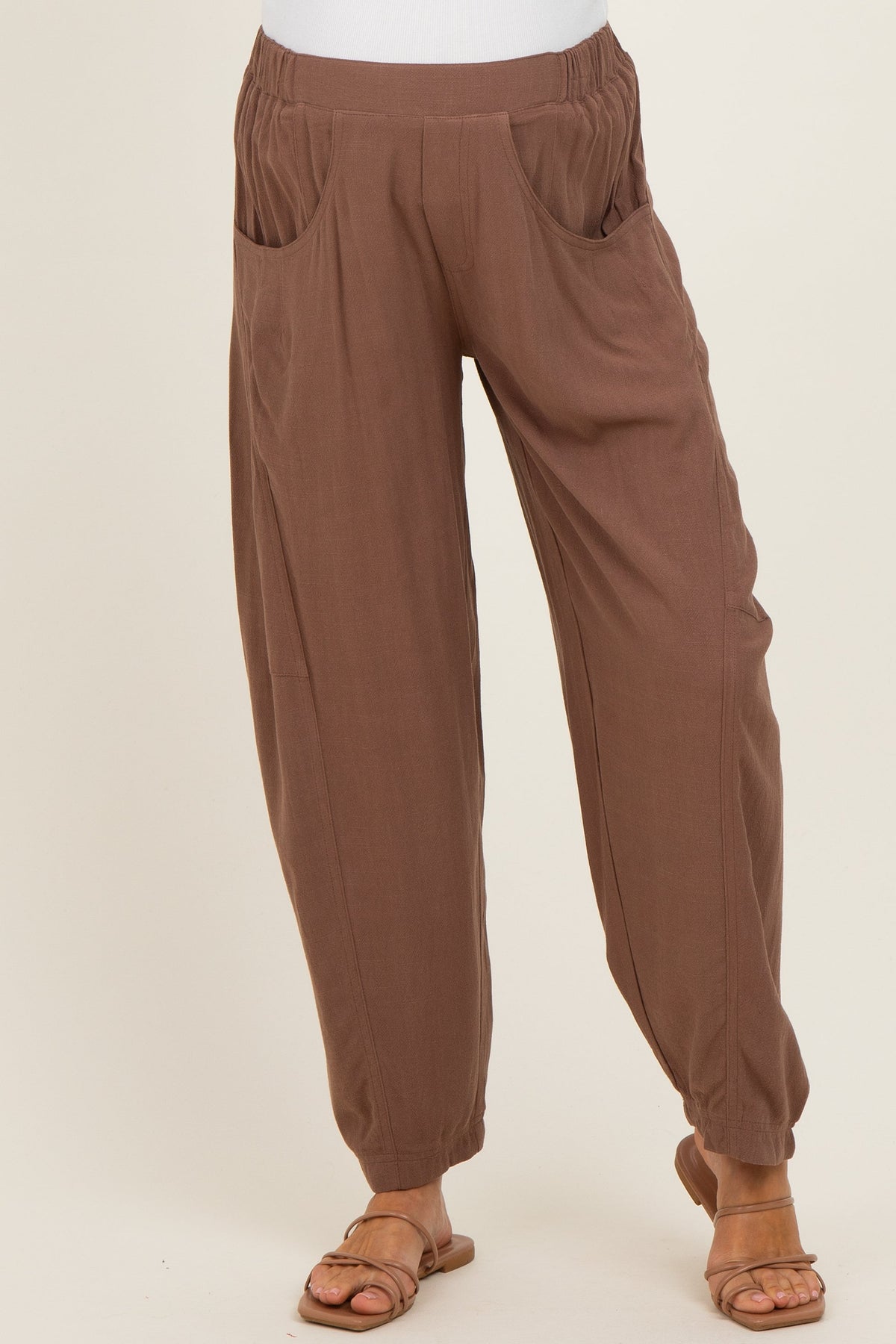 Cocoa Linen Blend Barrel Leg Maternity Pants