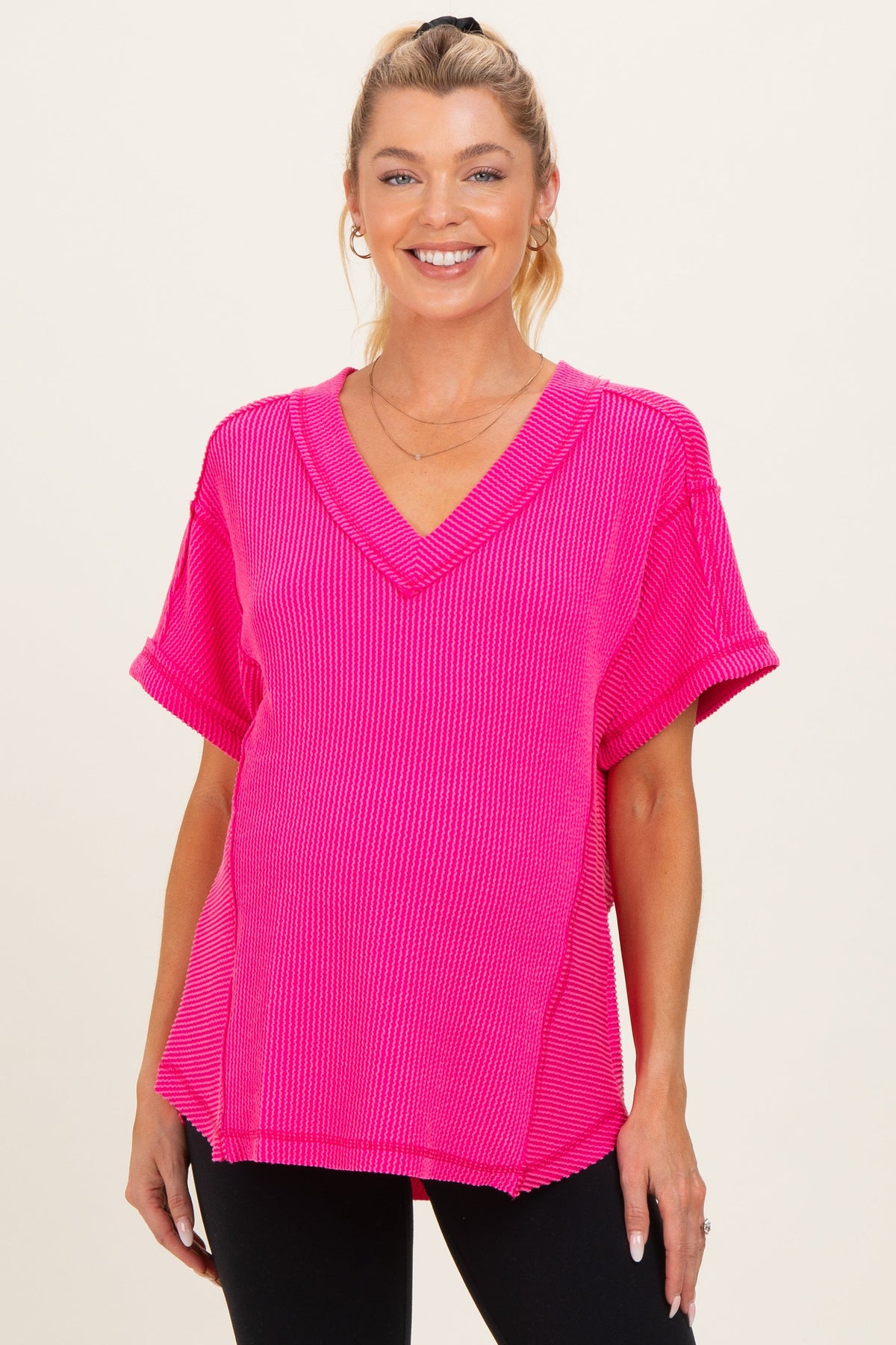 Fuchsia Ribbed Raw Hem Maternity Short Sleeve Top