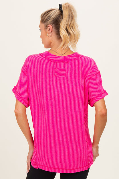 Fuchsia Ribbed Raw Hem Maternity Short Sleeve Top
