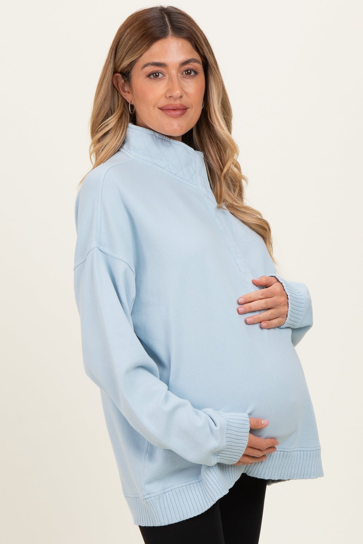 Light Blue Snap Collar Oversized Maternity Sweatshirt