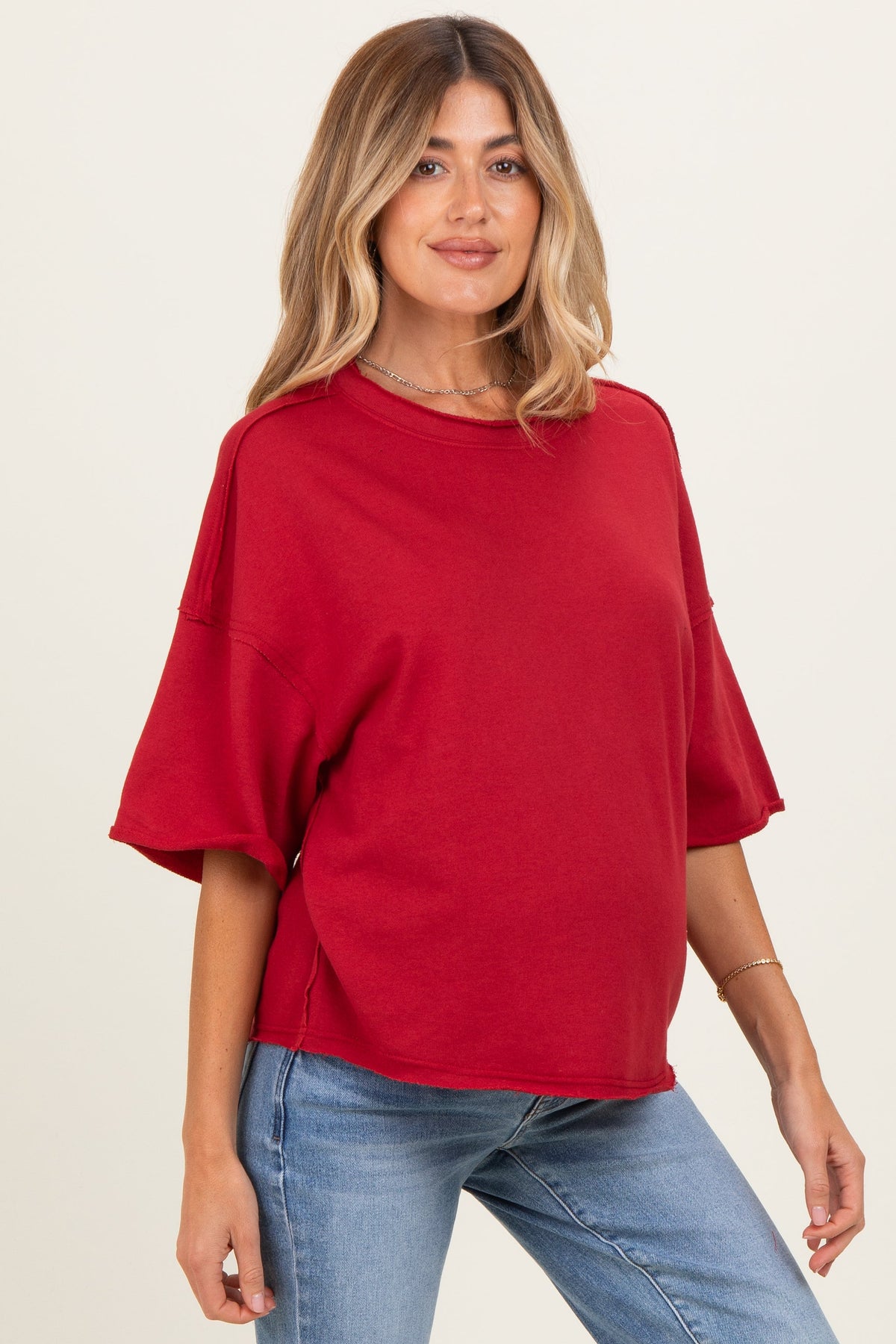 Burgundy Raw Cut Edge Maternity Boxy Tee