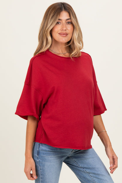 Burgundy Raw Cut Edge Maternity Boxy Tee
