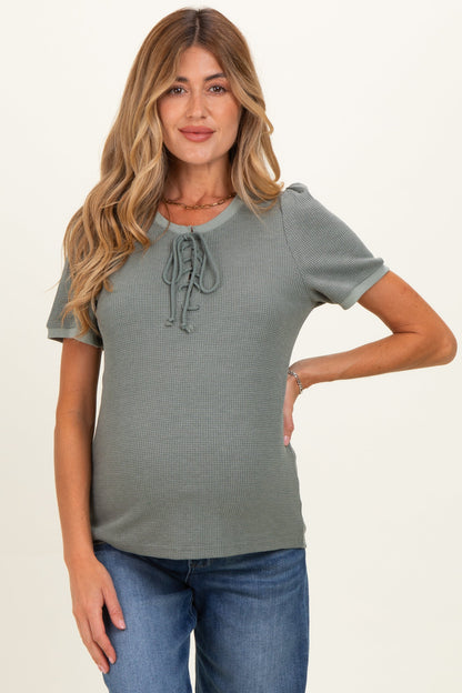 Olive Waffle Knit Lace-Up Maternity Top