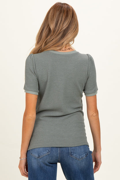 Olive Waffle Knit Lace-Up Maternity Top