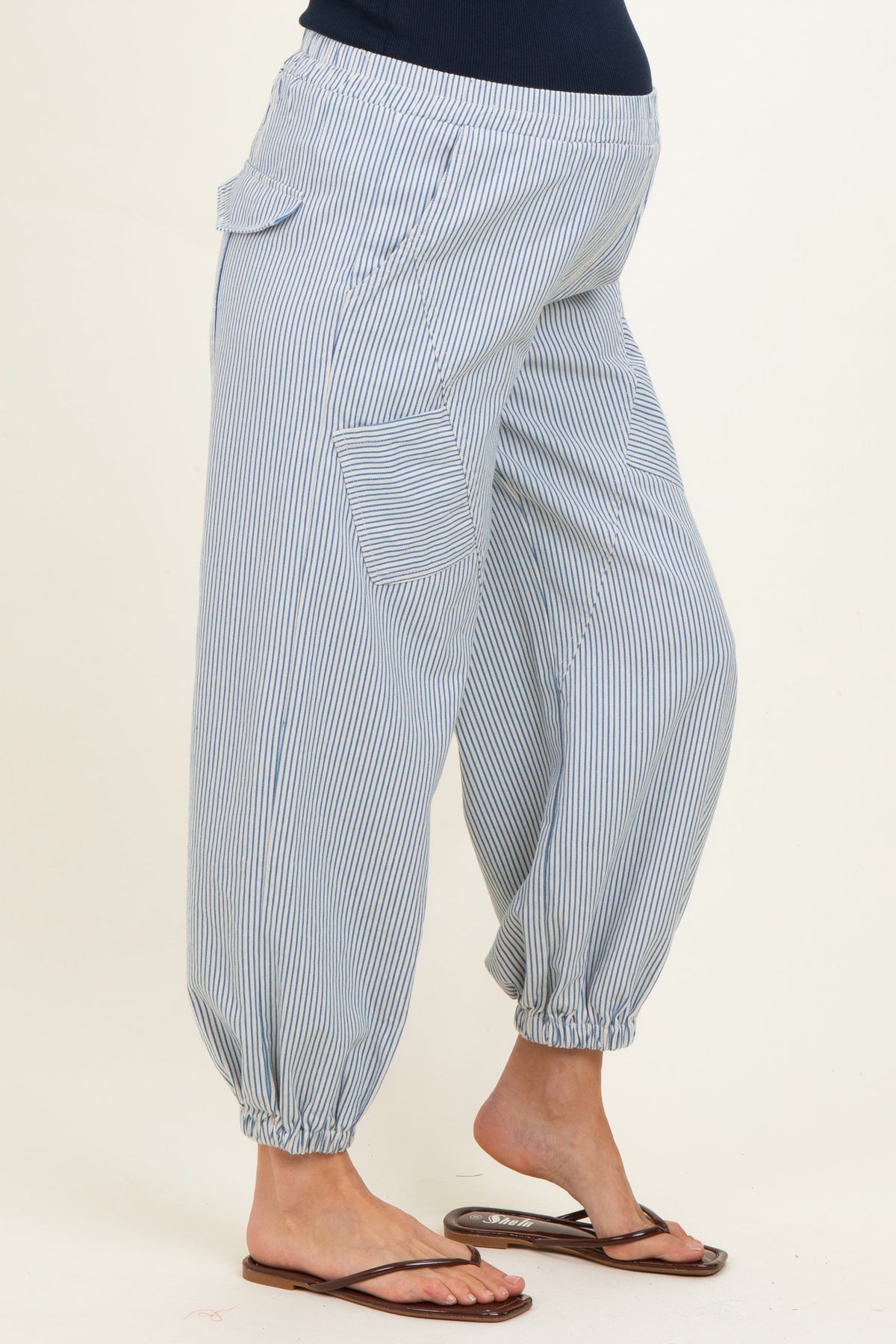 Blue Striped Patch Pocket Maternity Pants