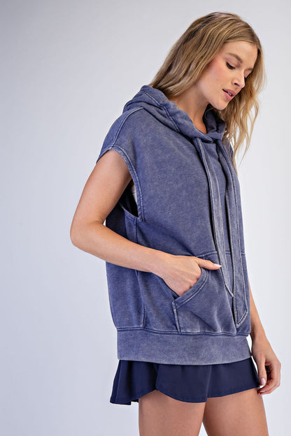 Navy Mineral Wash Sleeveless Maternity Hoodie