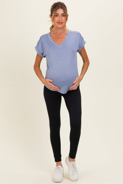 Blue Ribbed V-Neck Short Sleeve Maternity Top