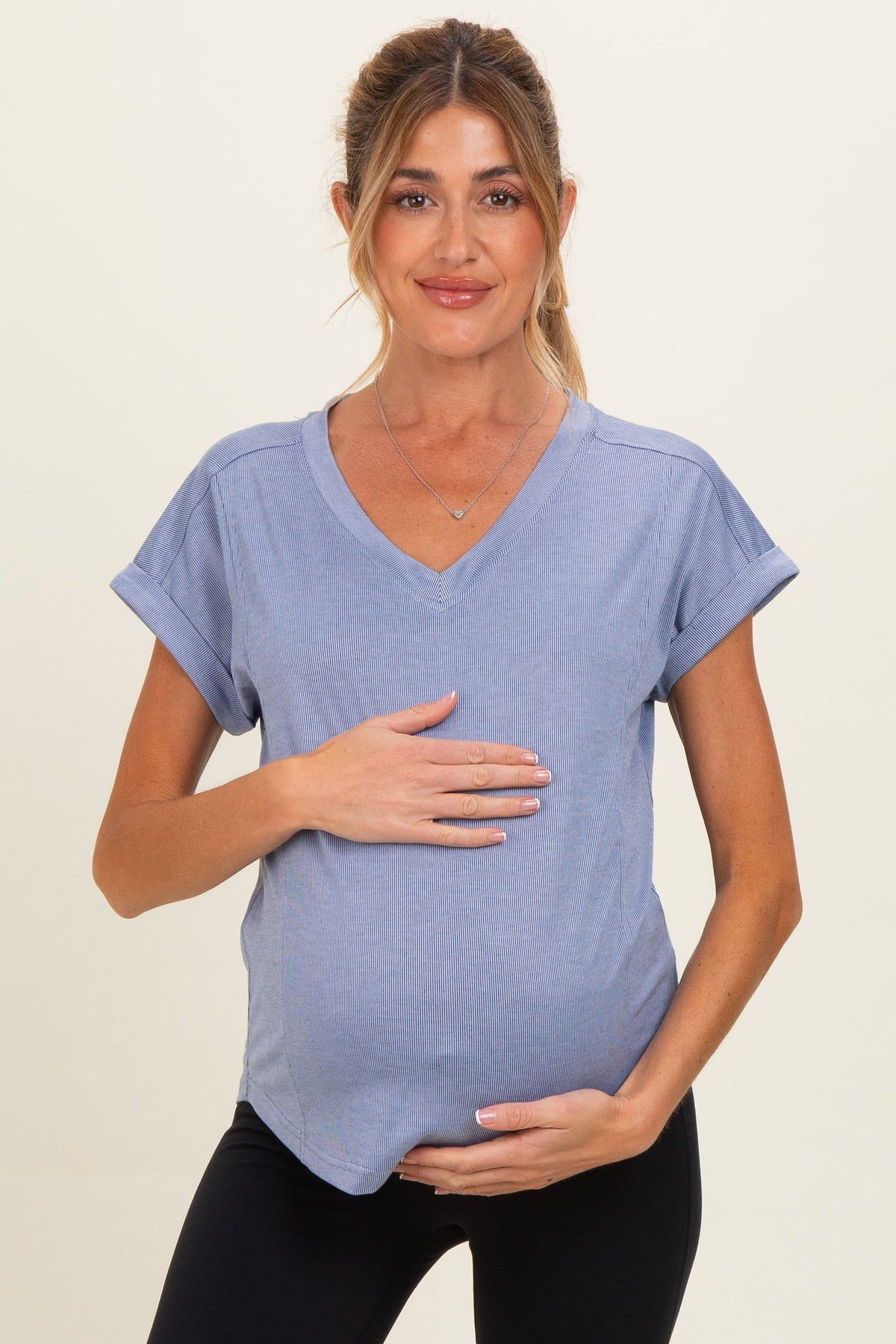Blue Ribbed V-Neck Short Sleeve Maternity Top