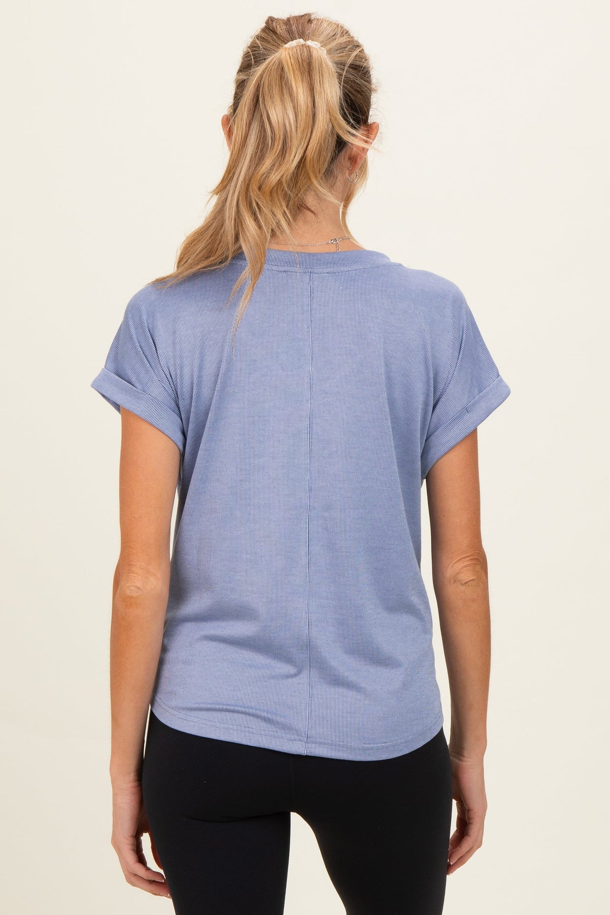 Blue Ribbed V-Neck Short Sleeve Maternity Top