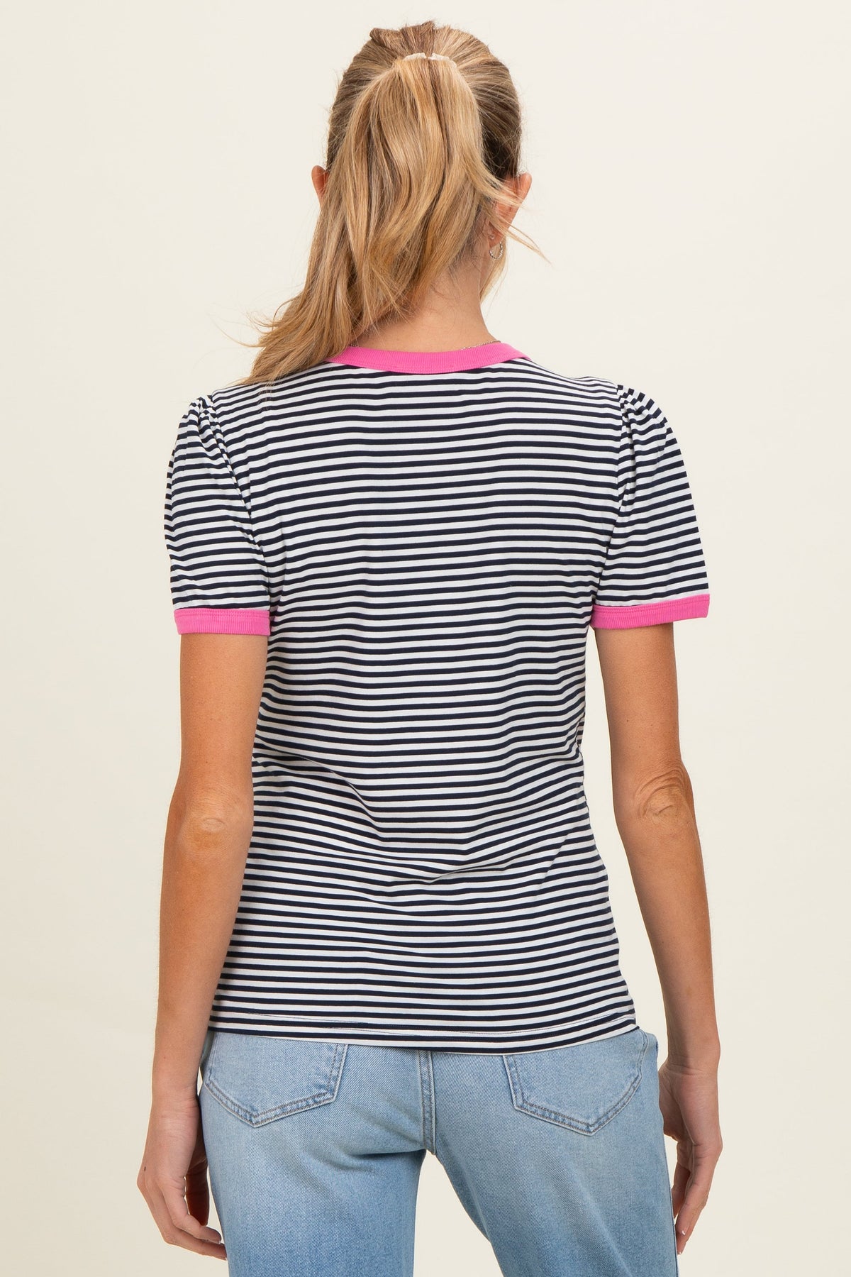 Navy Short Striped Puff Sleeve Maternity Top