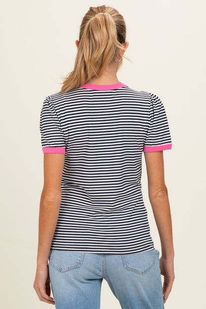 Navy Short Striped Puff Sleeve Maternity Top