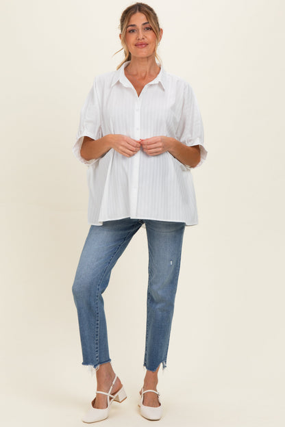 White Button Down Textured Stripe Oversized Maternity Shirt