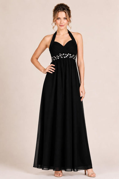 Coraline Black Embellished Halterneck Evening Dress