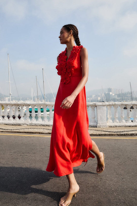 Red 3d Flower Maxi Dress