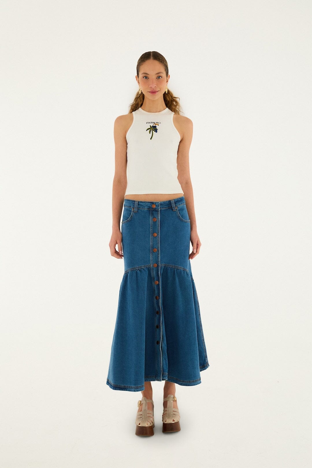 Panelled Denim Long Skirt