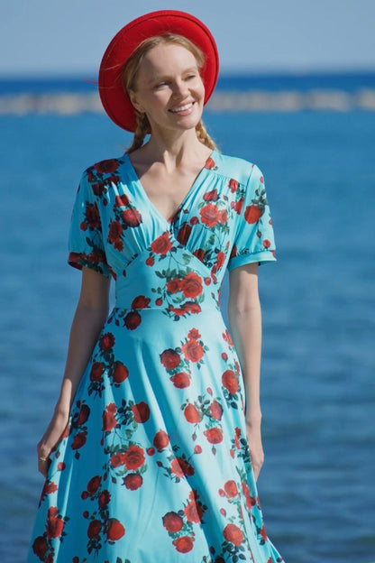 Julia 50s Style Red Rose Sleeved Dress in Blue
