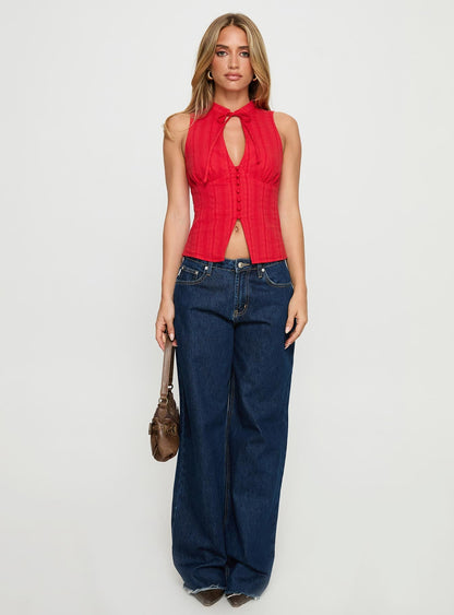 Tempting Tie Detail Top Red