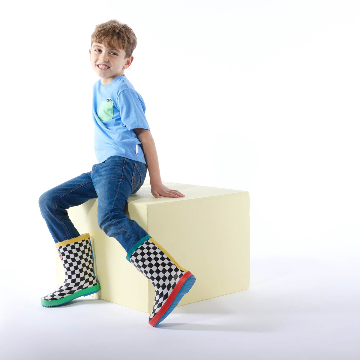 Border Kids Shaun the Sheep Wellies - Black White Checkerboard
