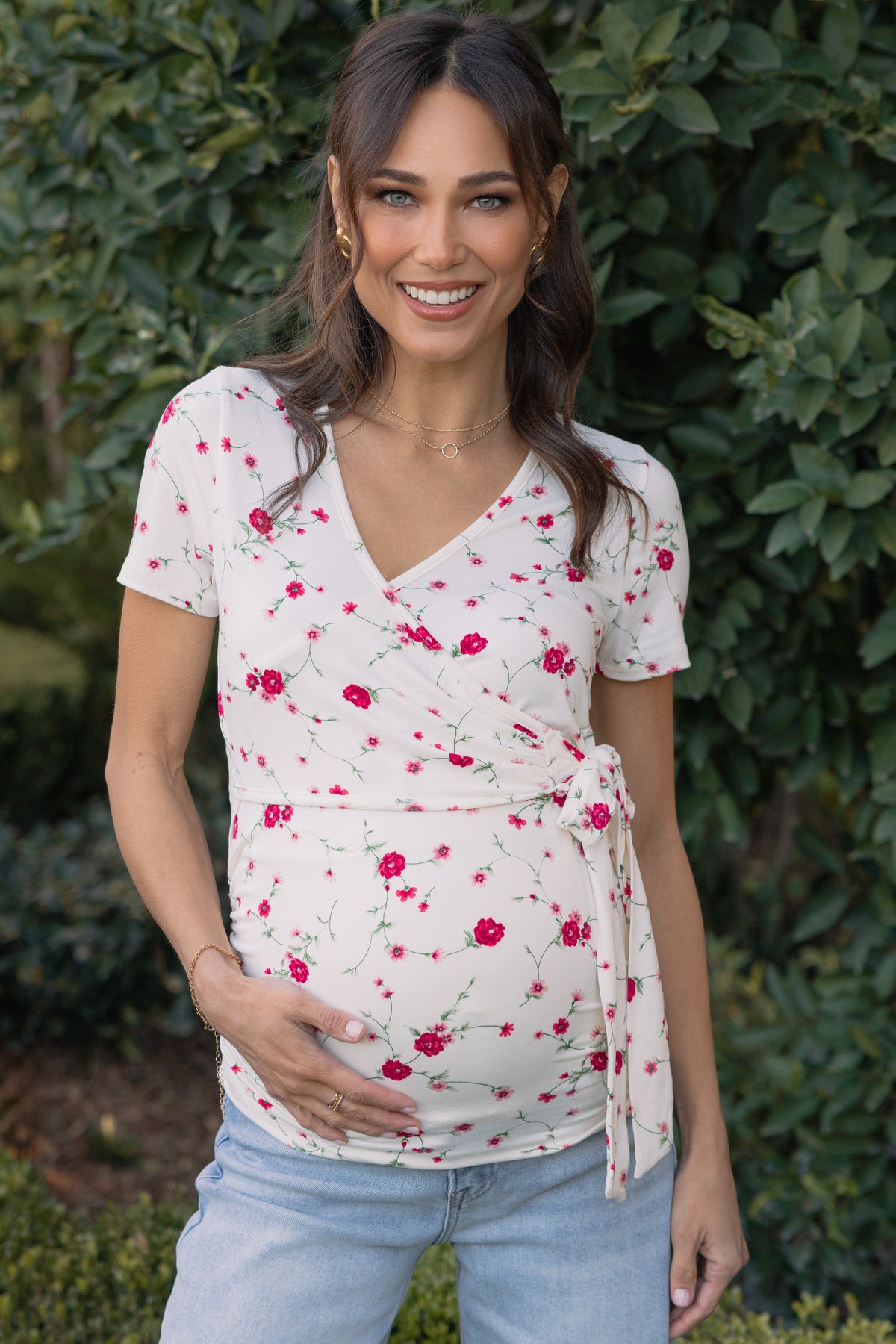 Ivory Floral Wrap Fitted Maternity/Nursing Top