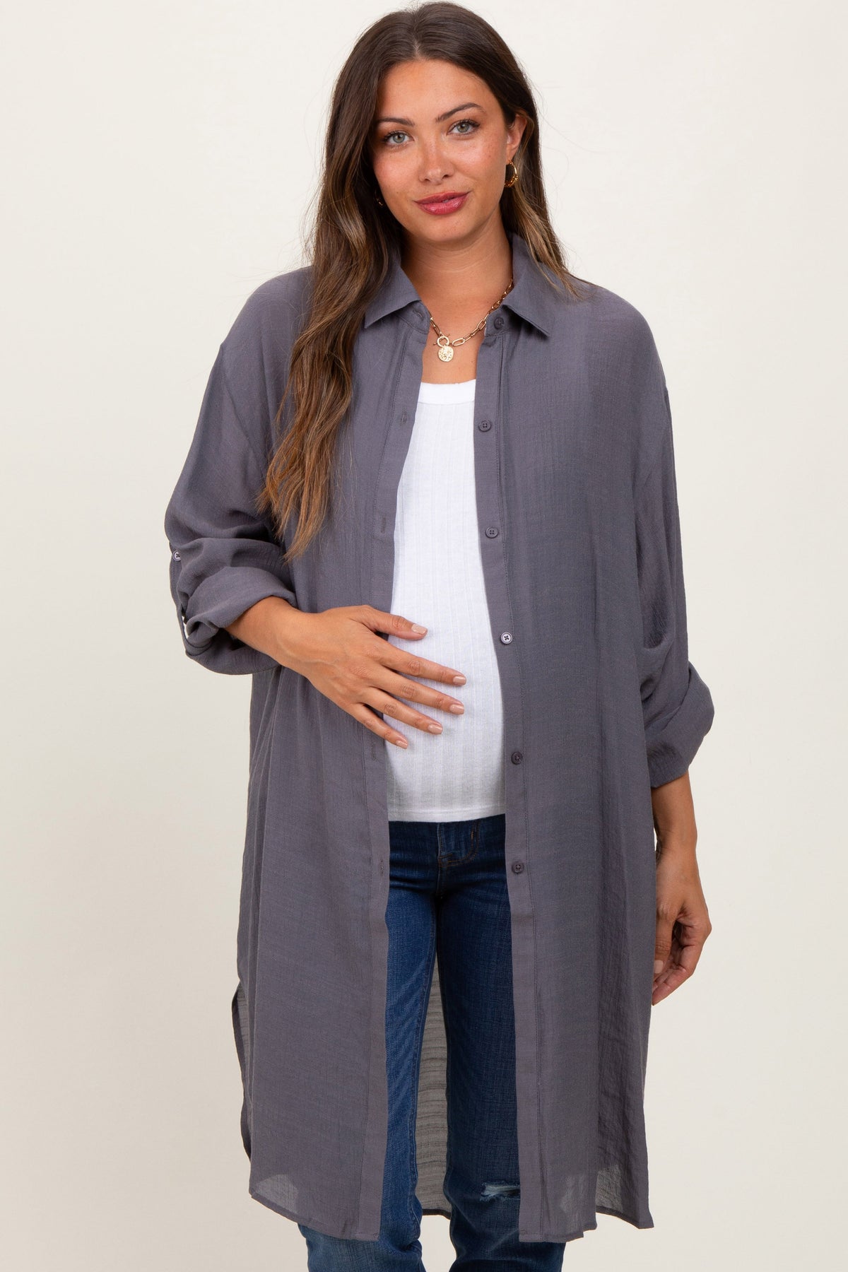 Charcoal Button Front Side Slit Oversized Maternity Blouse