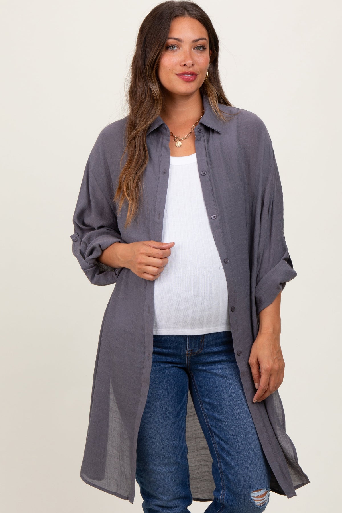 Charcoal Button Front Side Slit Oversized Maternity Blouse