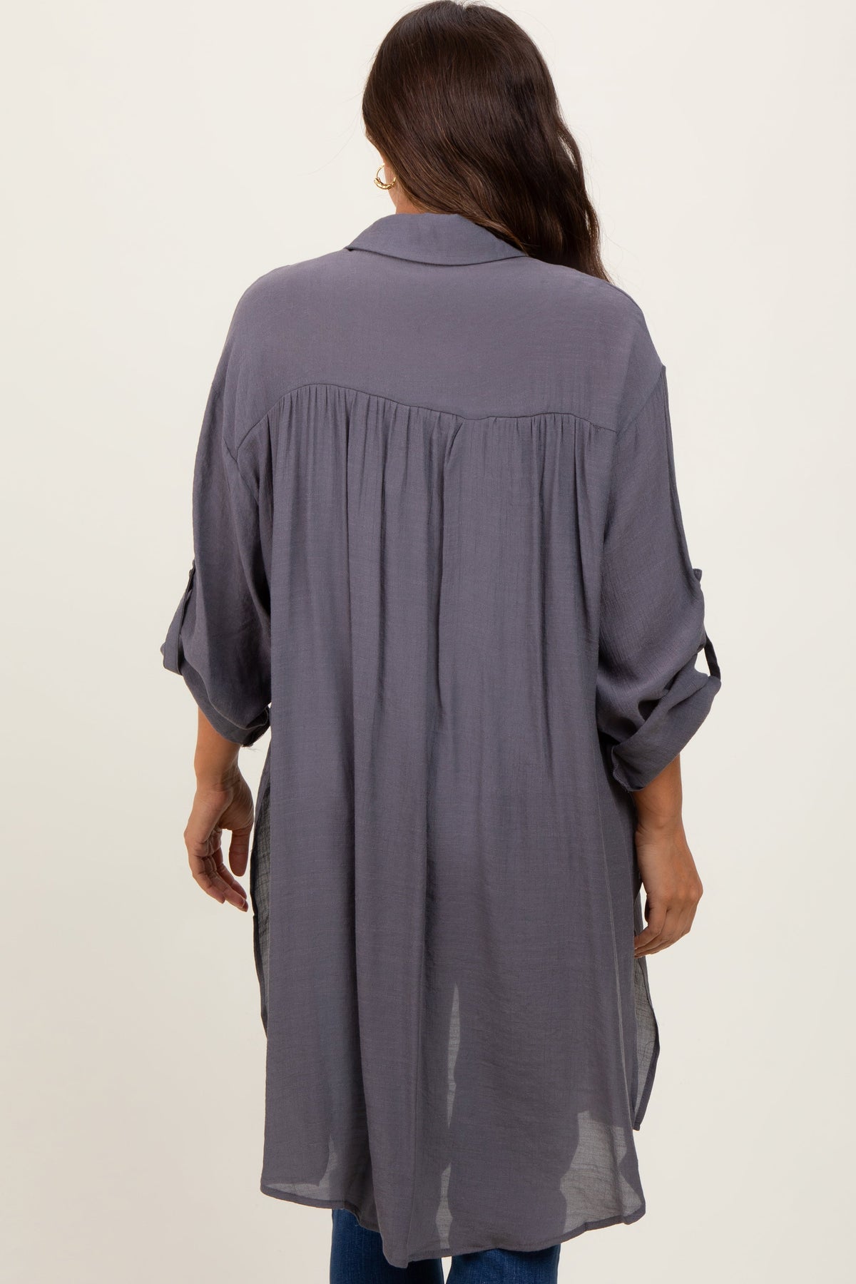 Charcoal Button Front Side Slit Oversized Maternity Blouse