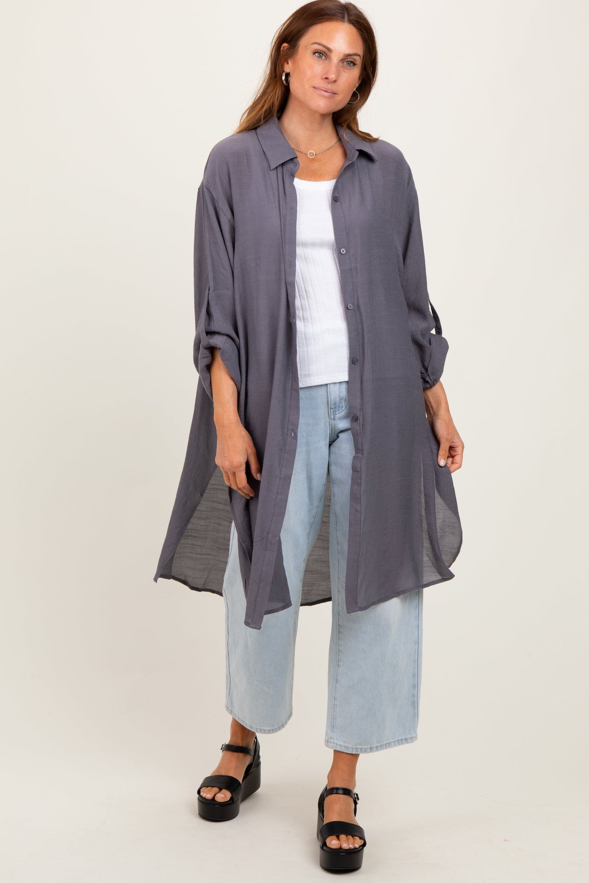 Charcoal Button Front Side Slit Oversized Maternity Blouse