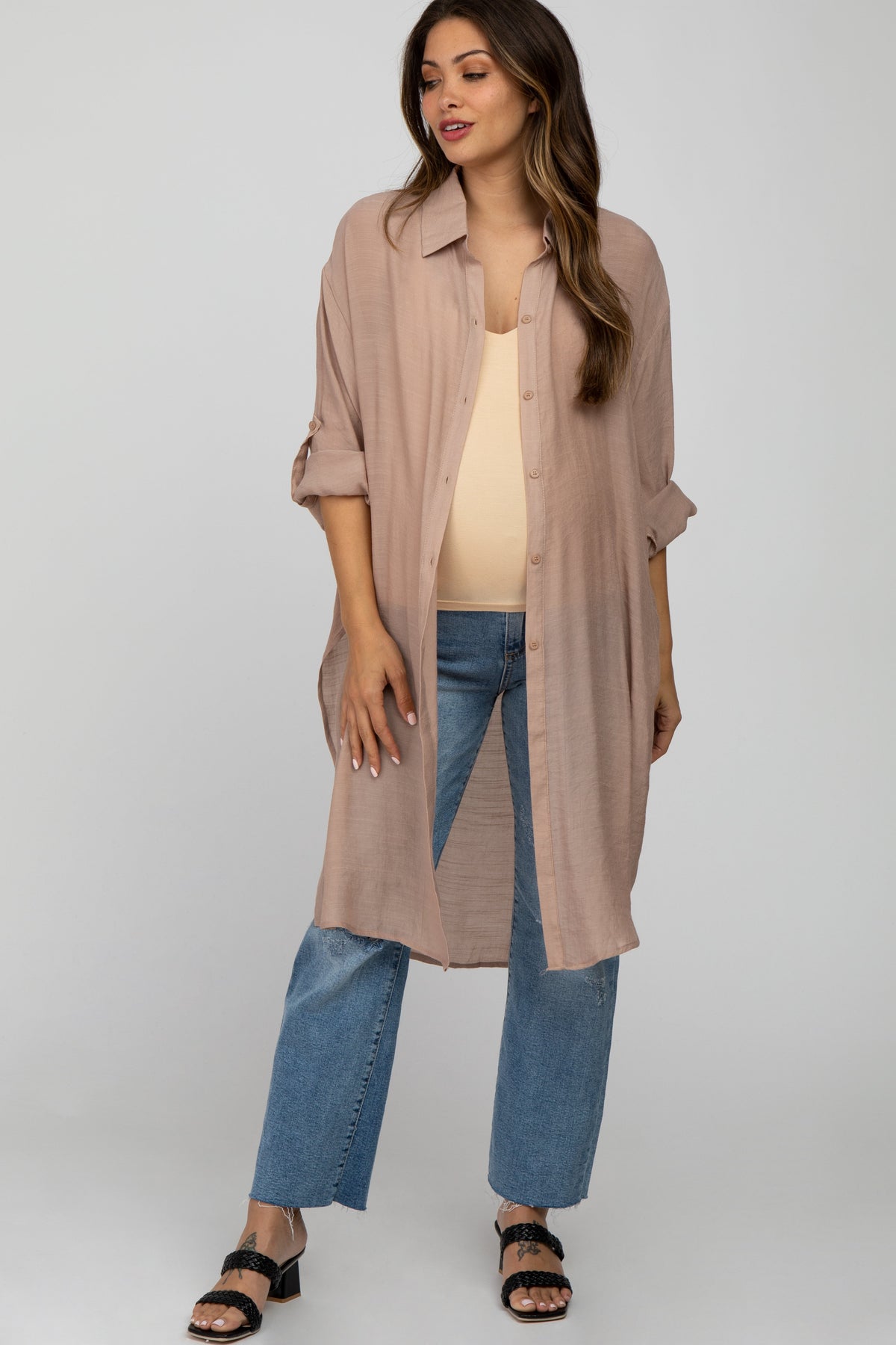 Taupe Button Front Side Slit Oversized Maternity Blouse