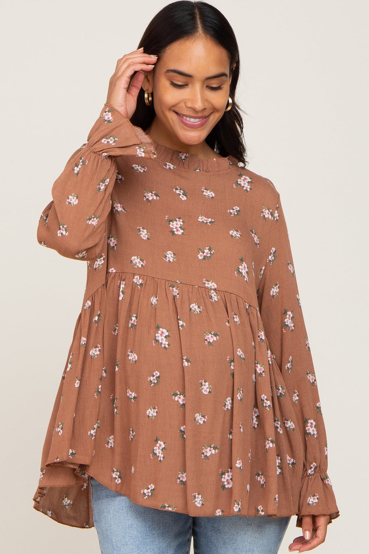 Rust Floral Ruffle Accent Maternity Babydoll Top