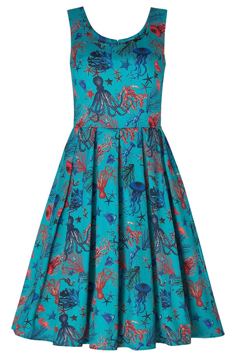 Amanda Aquarium Sea Life Print Flared Dress in Blue/Red