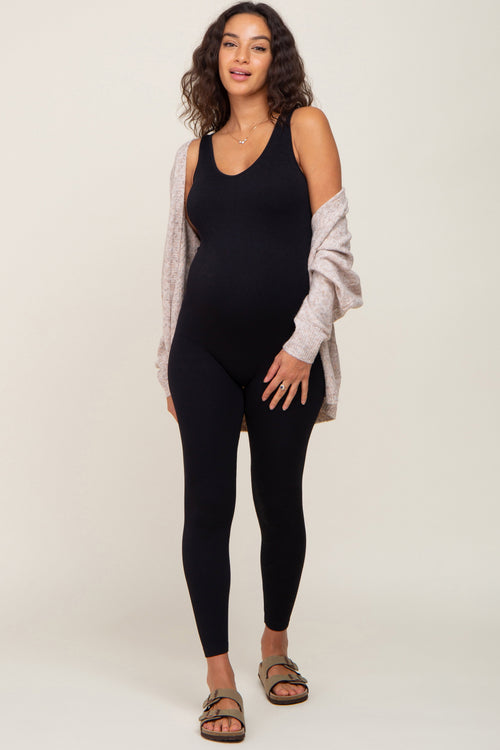 Black V-Neck Seamless Ribbed Fitted Maternity Jumpsuit