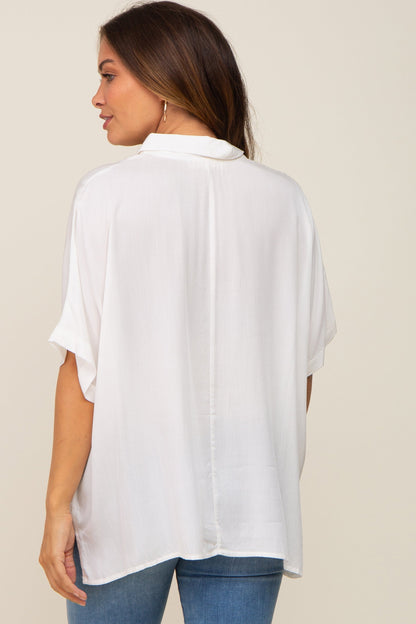 White Button Up Dolman Short Sleeve Maternity Top