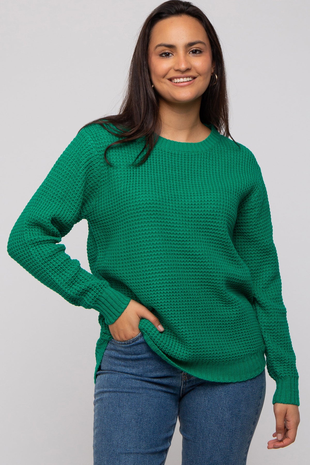 Emerald Green Waffle Knit Round Hem Maternity Sweater