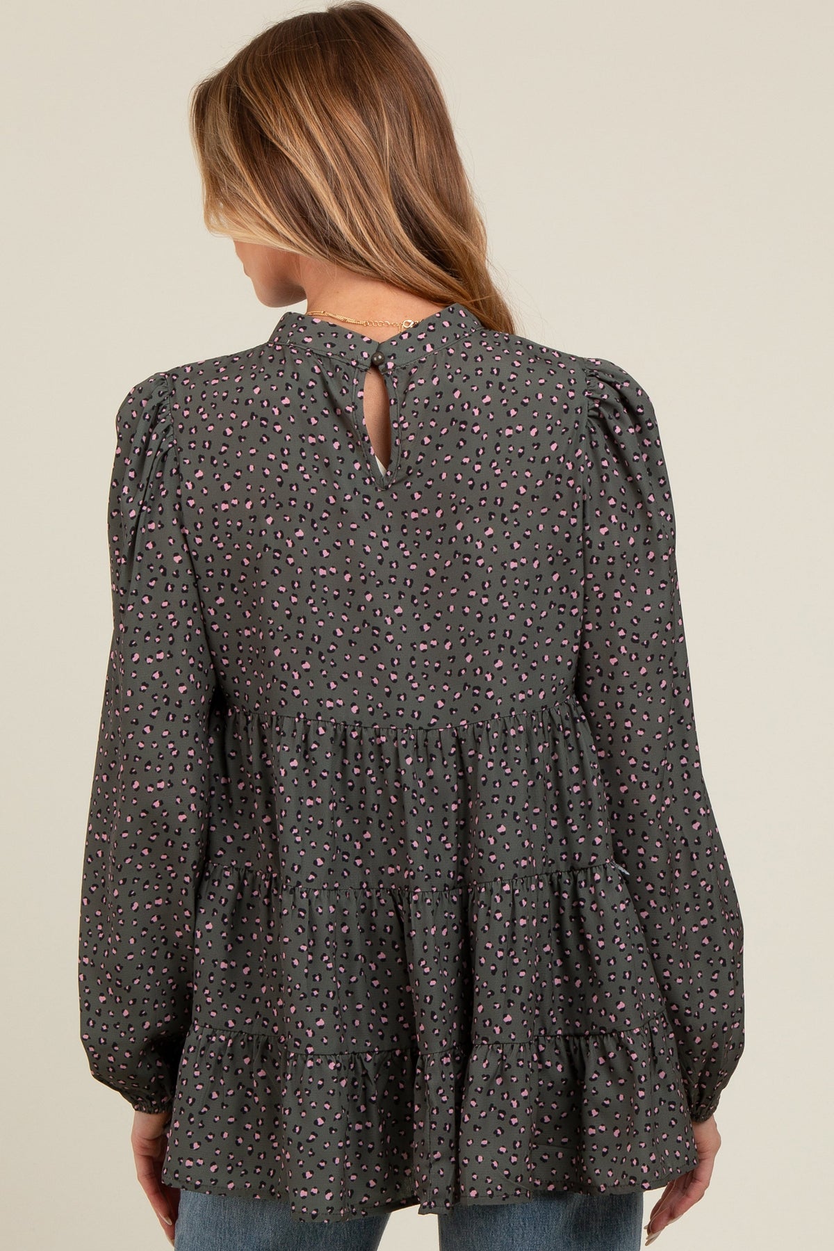 Olive Animal Print Mock Neck Tiered Maternity Top