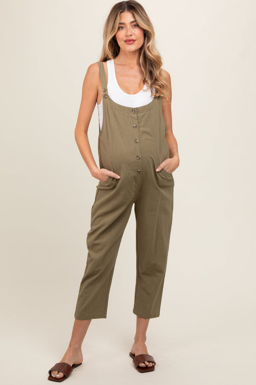 Olive Button Down Maternity Cropped Jumpsuit