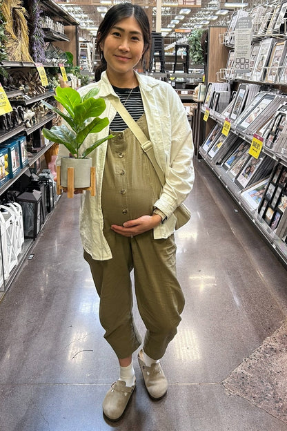 Olive Button Down Maternity Cropped Jumpsuit