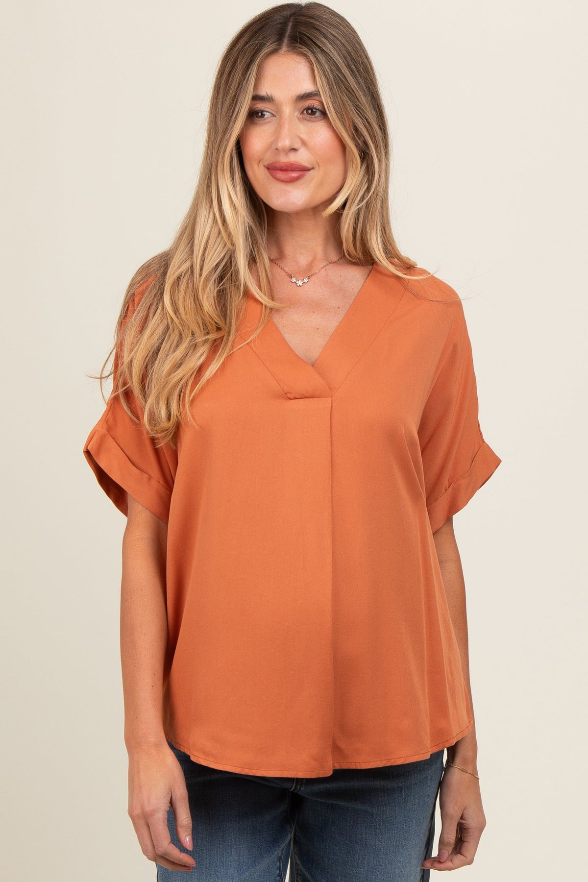 Orange V-Neck Pin-Tuck Detail Maternity Top