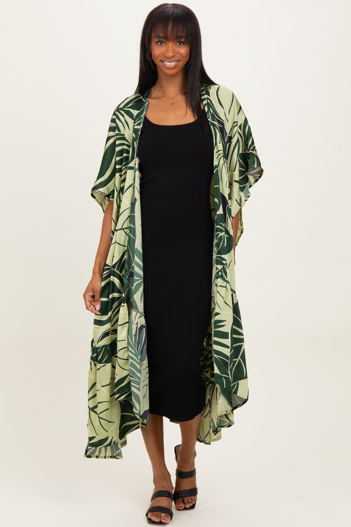 Green Tropical Print Long Maternity Cover Up