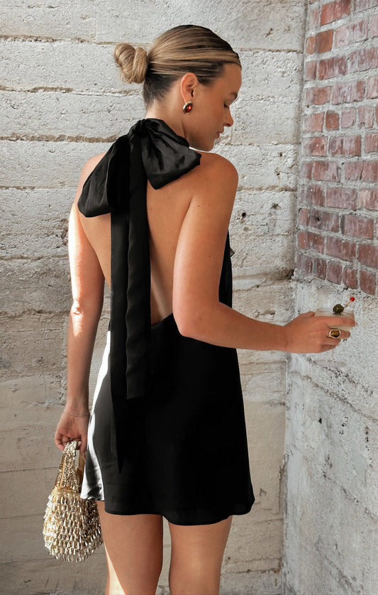 Lisa Mini Dress ~ Black Luxe Satin