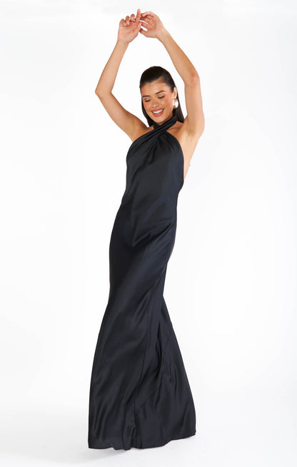Jasmine Halter Maxi Dress ~ Black Luxe Satin