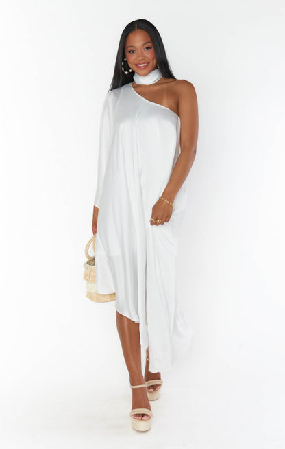 Rhea One Shoulder Dress ~ Ivory Luxe Satin