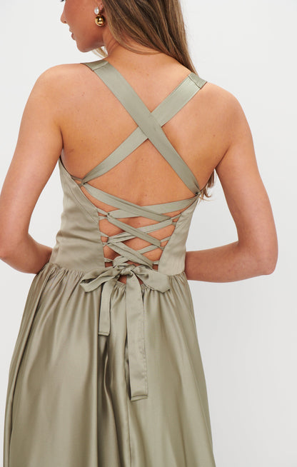 Abigail Maxi Dress ~ Moss Green Luxe Satin