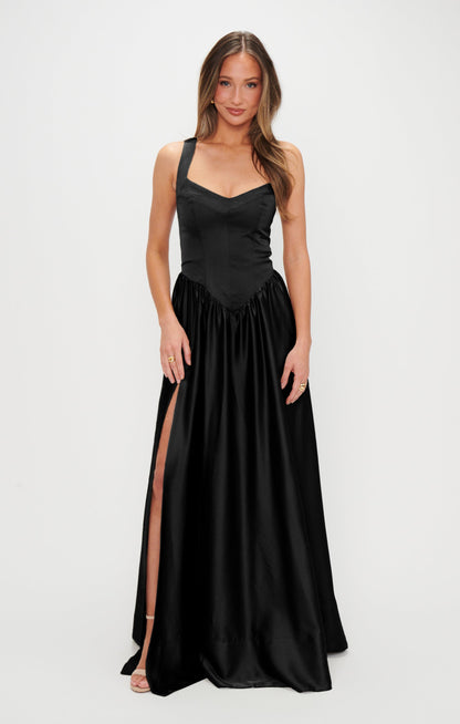 Abigail Maxi Dress ~ Black Luxe Satin