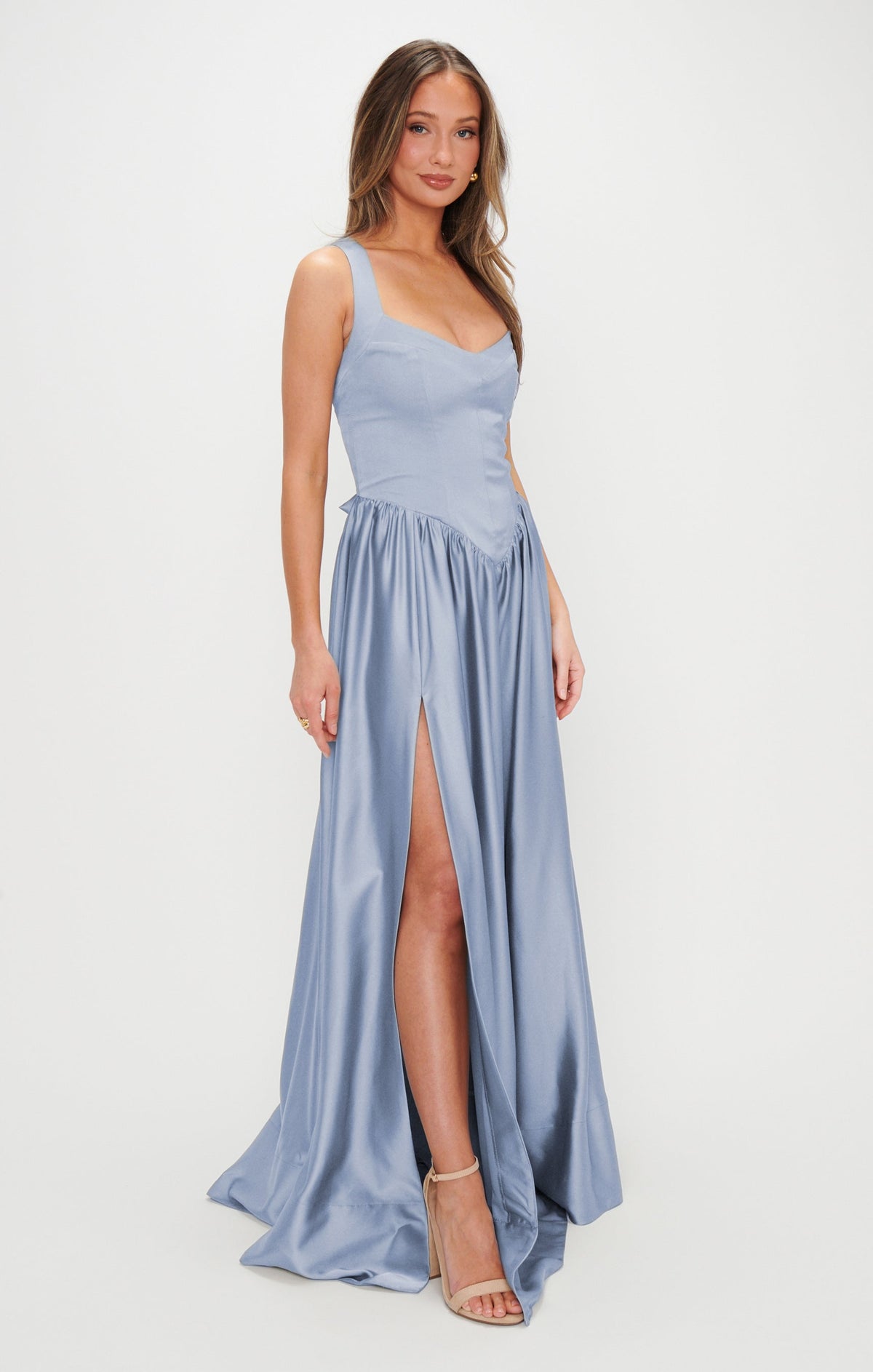 Abigail Maxi Dress ~ Steel Blue Luxe Satin