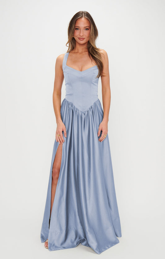 Abigail Maxi Dress ~ Steel Blue Luxe Satin