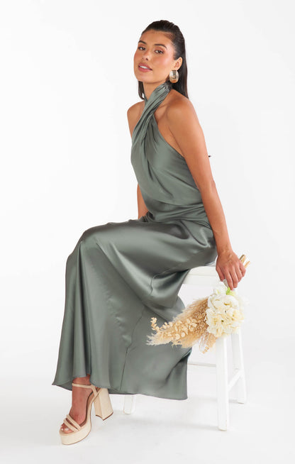 Jasmine Halter Maxi Dress ~ Deep Sage Luxe Satin
